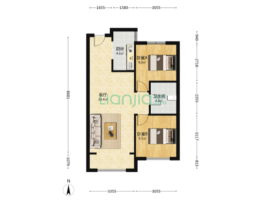 中海观澜庭 2室1厅1卫 89平方