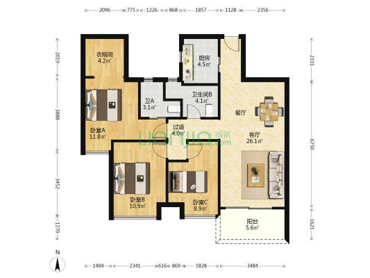 华鸿璟悦轩 3室1厅2卫 97平方