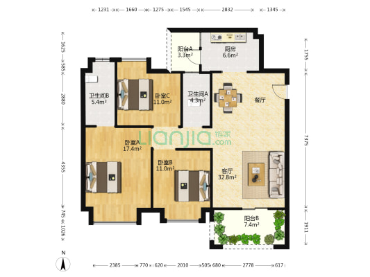 如愿居 3室1厅2卫 110平方