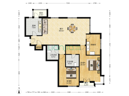 海悦名门 2室1厅2卫 144平方
