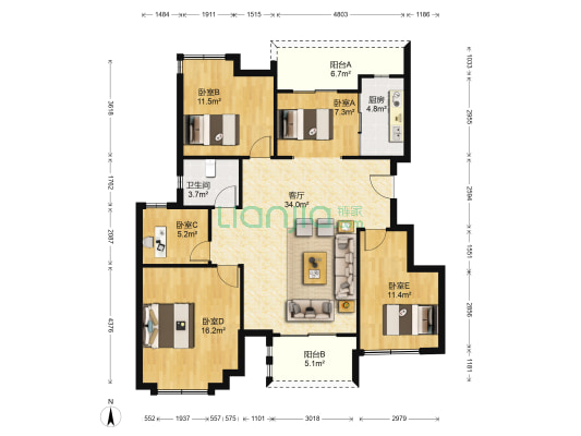 银湖翡翠二期 5室1厅1卫 121平方