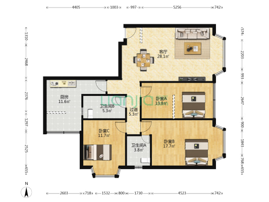 新城路 3室1厅2卫 127平方
