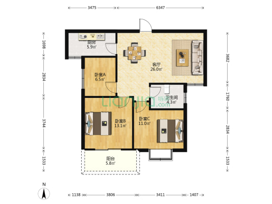 时代广场 3室1厅1卫 95平方