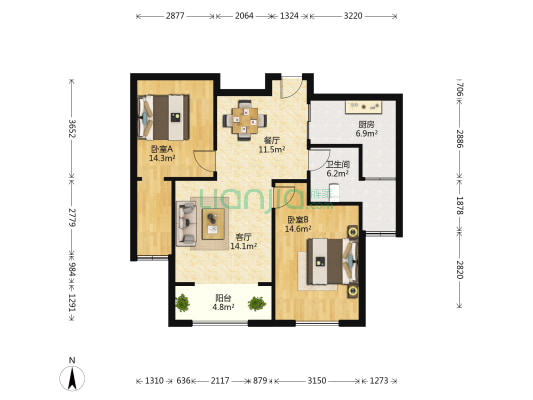 东方柏悦 2室2厅1卫 90平方