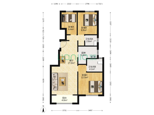 联发锦里 3室1厅2卫 99平方