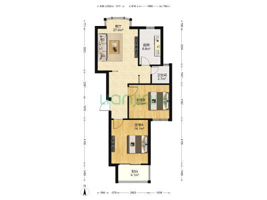 锦虹美苑 2室1厅1卫 85平方