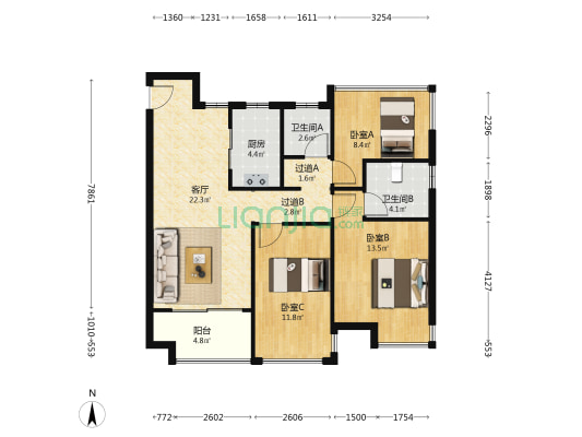 新力东园 3室1厅2卫 105平方