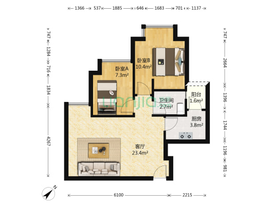 世纪华厦 2室1厅1卫 58平方