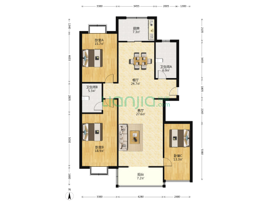 肿瘤医院家属楼 3室2厅2卫 154平方