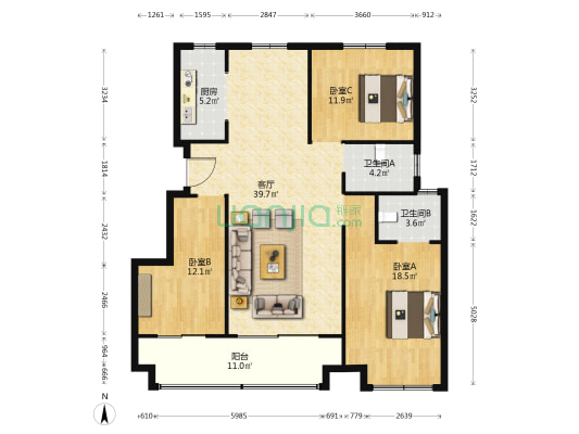 颍州正荣府南区 3室1厅2卫 127平方