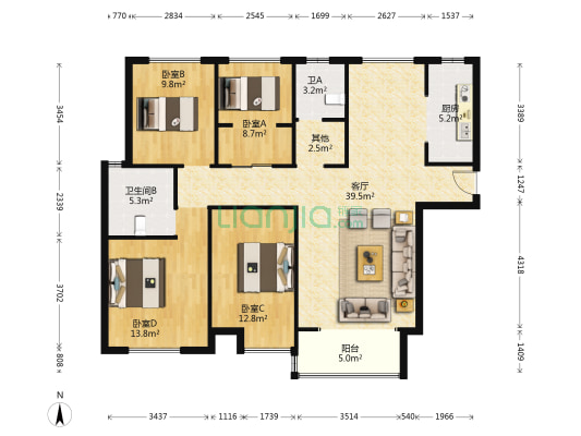凤凰湖畔 4室1厅2卫 139平方
