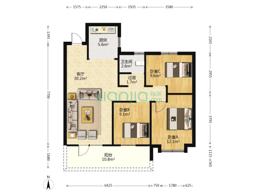 朗诗世纪绿郡 3室1厅1卫 105平方