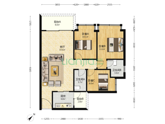 启创华府 3室1厅2卫 102平方