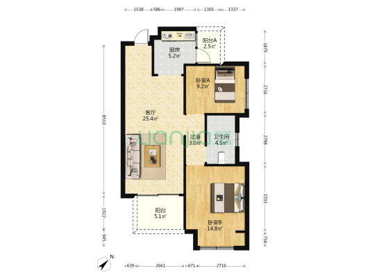 融创江口水镇 2室1厅1卫 88平方