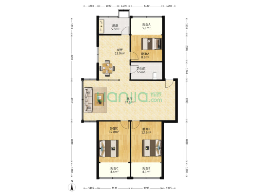 墨缘楼 3室2厅1卫 132平方