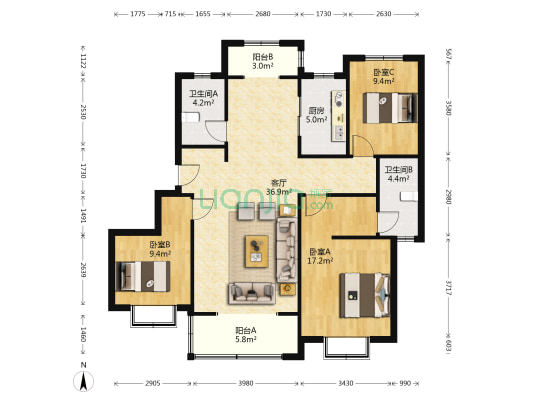 国子院 3室1厅2卫 126平方
