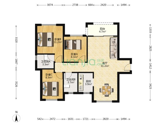 财信中梁首府 3室1厅2卫 99平方
