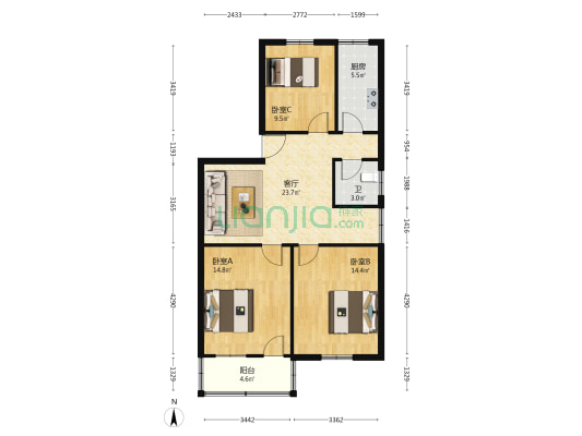 粮食局宿舍 3室1厅1卫 89平方