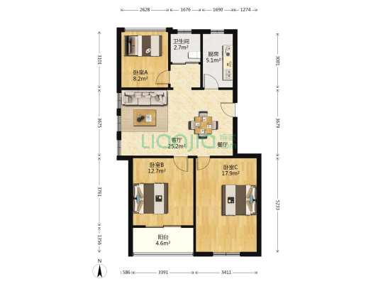 铭庭苑 3室1厅1卫 115平方