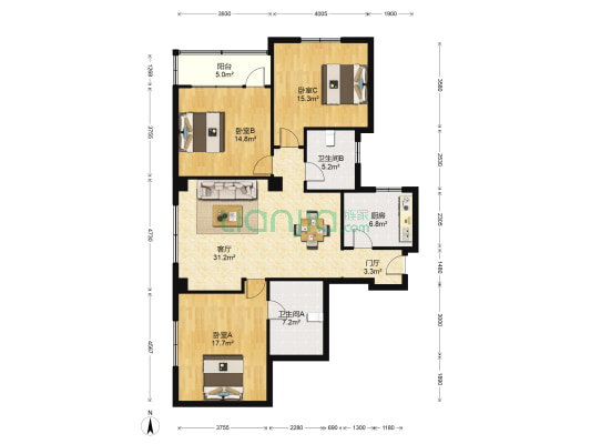 天竺小区 3室1厅2卫 114平方