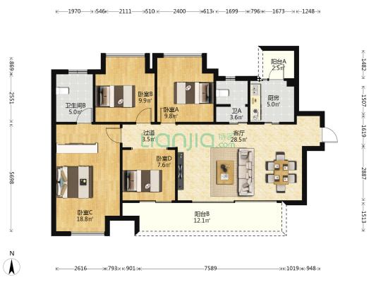 绿地听江左岸 4室1厅2卫 123平方