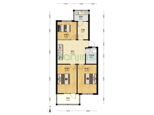 农林路51号院 3室1厅1卫 87平方