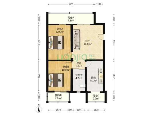 广义街10号院 2室1厅1卫 88平方