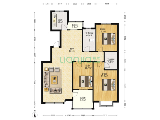 置地广场北苑二期 3室1厅2卫 144平方