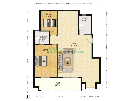 联峰雅园 2室1厅2卫 125平方