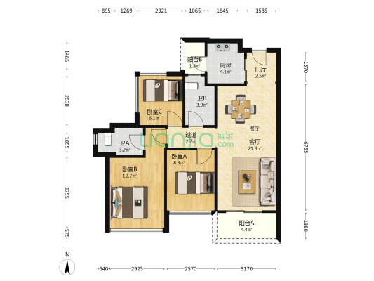 龙光玖誉山 3室1厅2卫 89平方