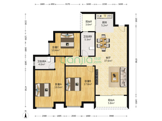 中天知秋轩 3室1厅2卫 127平方