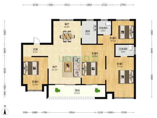 鸿樾府 4室2厅2卫 147平方