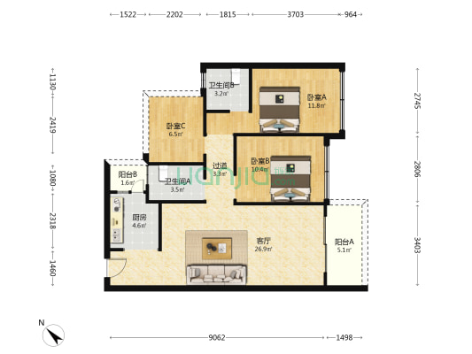 伟业兰廷湾 3室1厅2卫 92平方