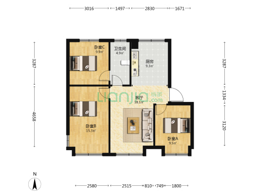 荣盛公园印象美园 3室1厅1卫 98平方