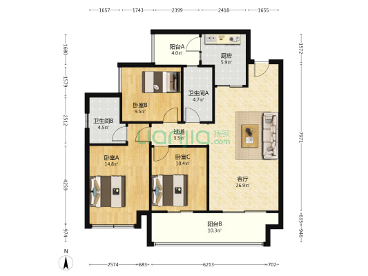 置信丽都府二期 3室1厅2卫 113平方