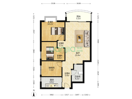 幸福立方 2室1厅1卫 96平方
