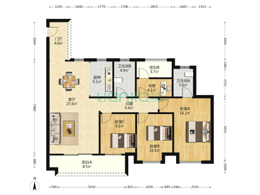 湾田望江府 4室1厅2卫 128平方