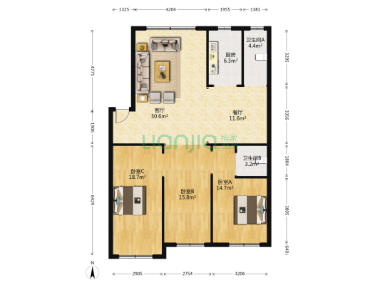 杏花村小区 3室2厅2卫 118平方