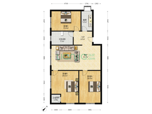 前三眼桥76号 3室1厅2卫 130平方