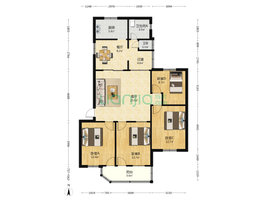 省煤炭集团龙腰小区 4室2厅2卫 129平方