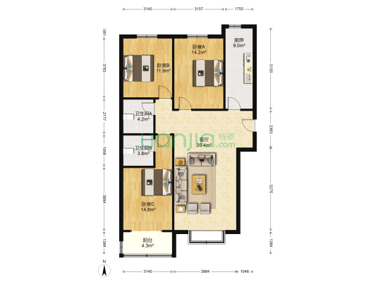 上林轩 3室1厅2卫 129平方