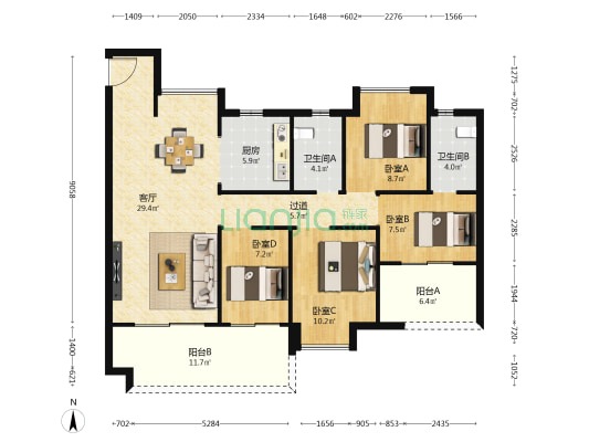 保利和光禧悦 4室1厅2卫 125平方