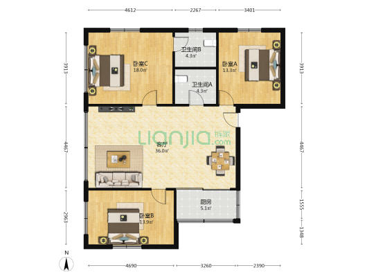 永发大厦(番禺) 3室1厅2卫 120平方