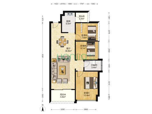 汇港城 3室1厅1卫 87平方