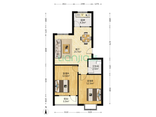 惠普家园东区 2室1厅1卫 76平方