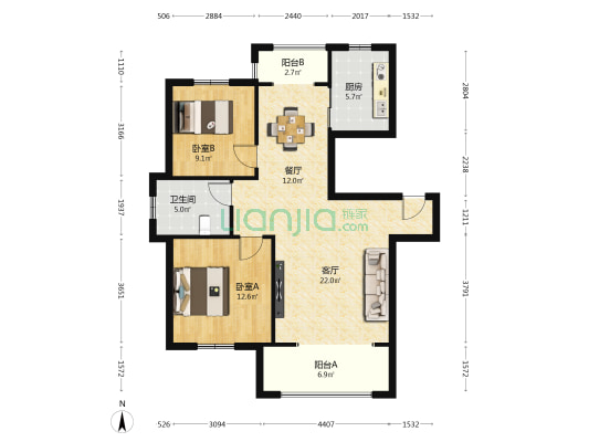 滨湖丽景花园H区 2室2厅1卫 93平方