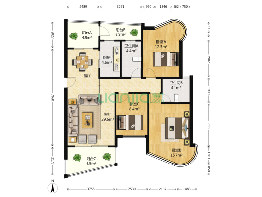 铜锣湾国际 3室1厅2卫 110平方