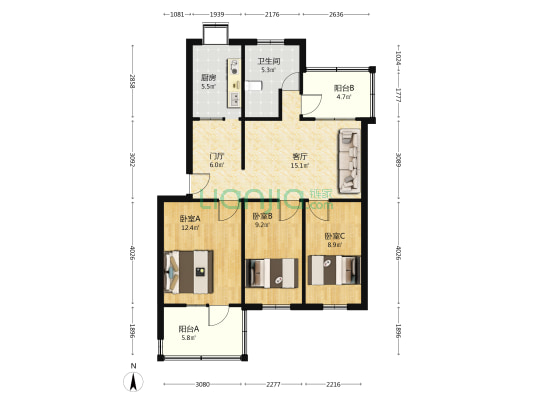 军鑫里 3室1厅1卫 90平方