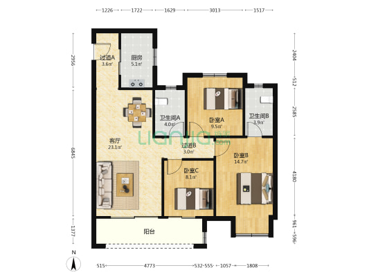 中骏世界城 3室1厅2卫 114平方