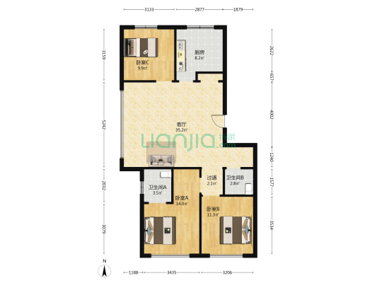 绿地中央广场 3室1厅2卫 129平方